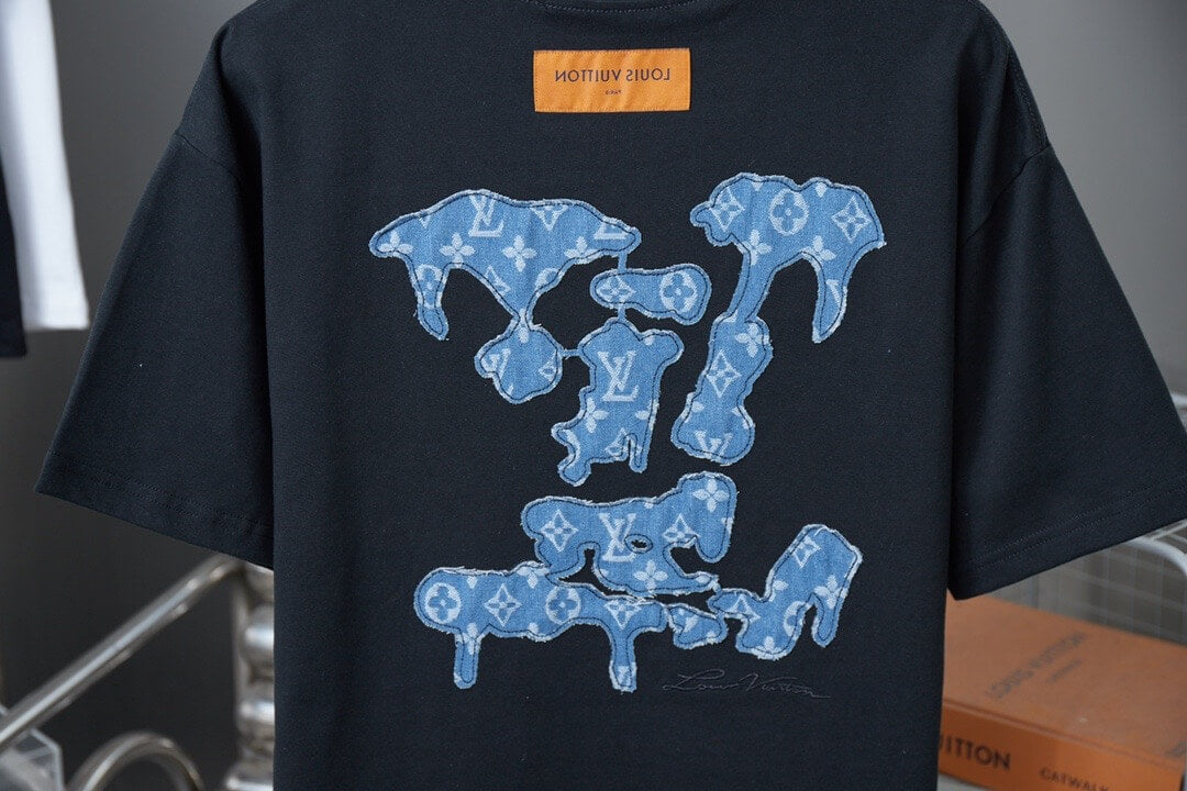 Embroidered Denim Patchwork T Shirt