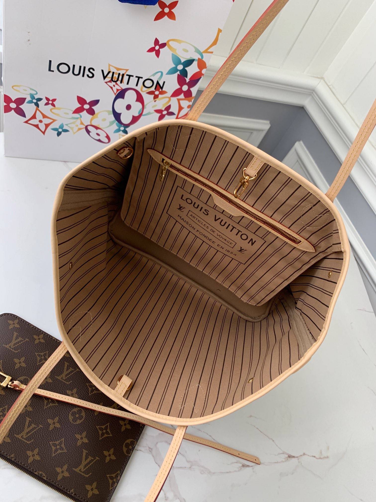 L*V NEVERFULL Apricot Medium Shopping Bag M40995, Top Quality Size: 31 * 28 * 14cm