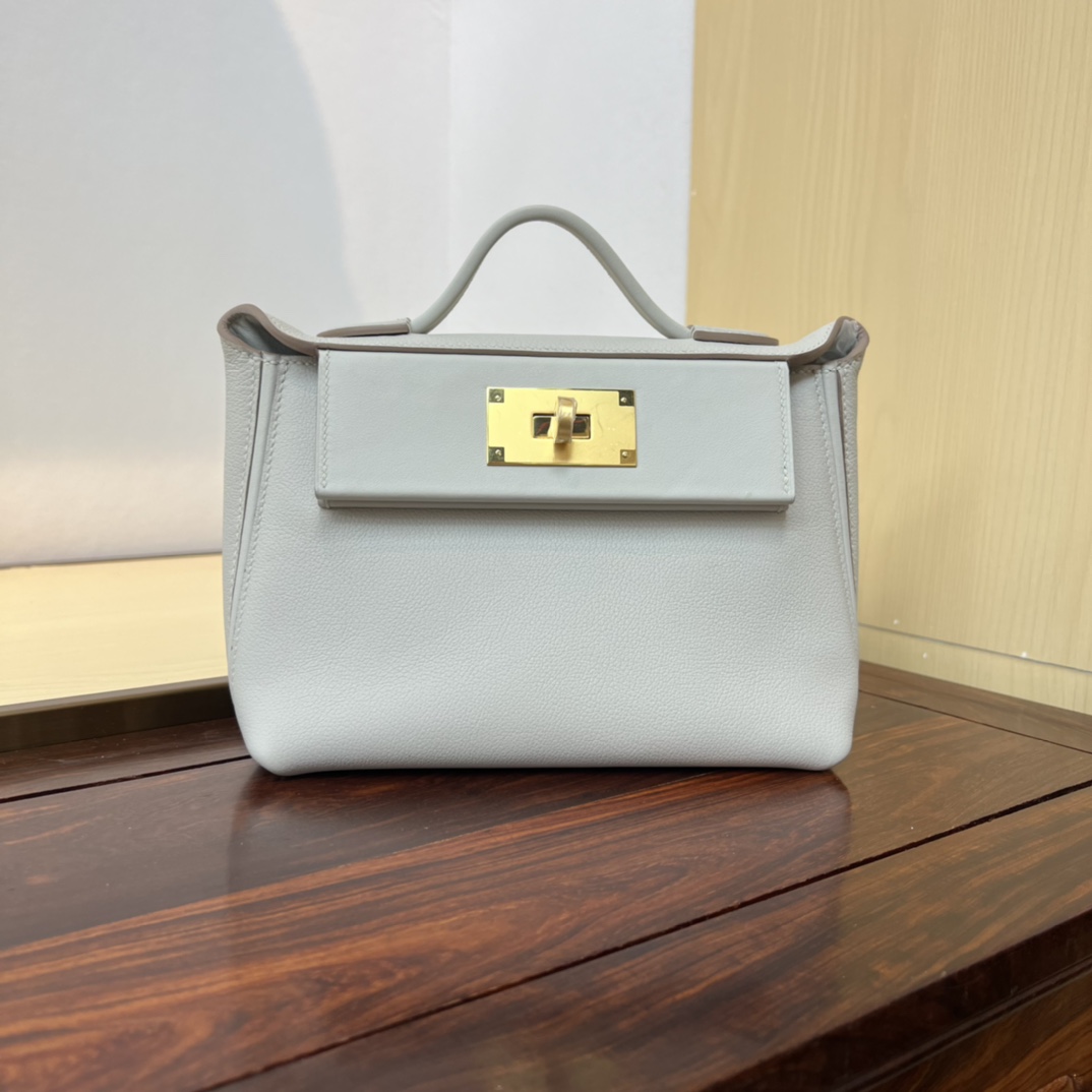 Hermès new Kelly2424mini handmade glacier white evercolor Swift leather size: 21cm