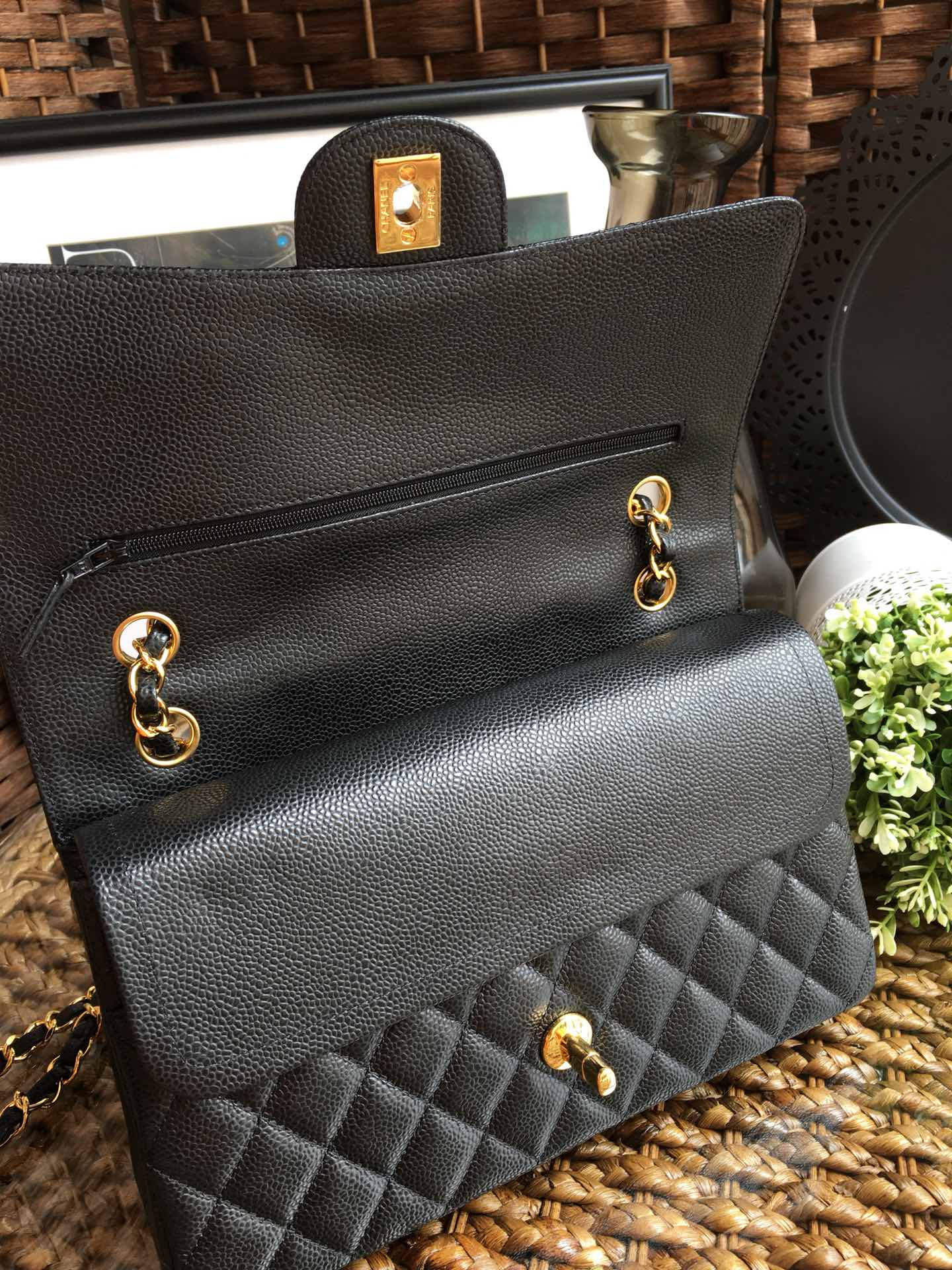Chanle Classic Double Flap Caviar Leather With Gold Hardware
