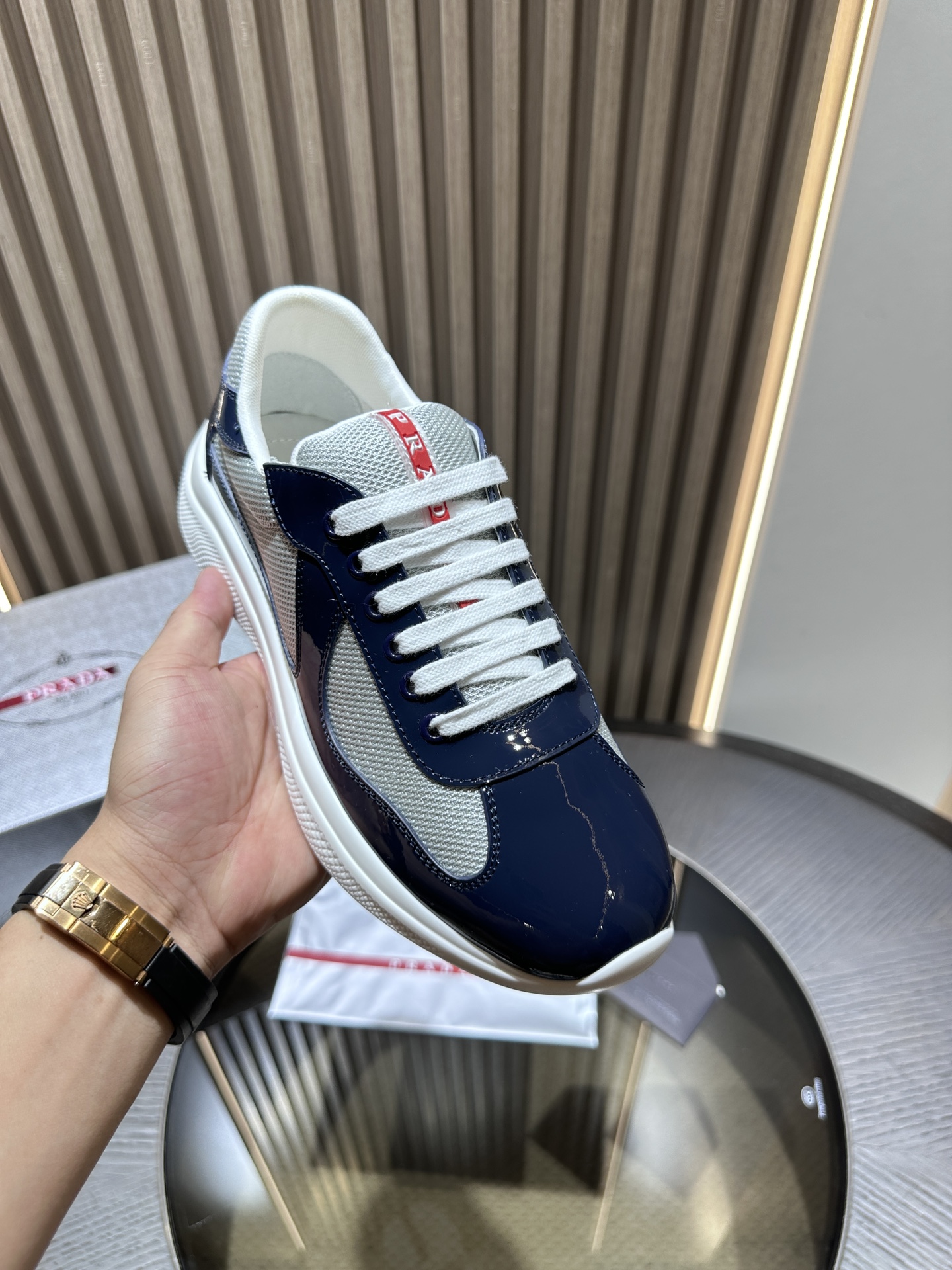 PRADA Silver-Blue Patent Leather Lace-Up Sneakers – Low-Top, Durable & Stylish