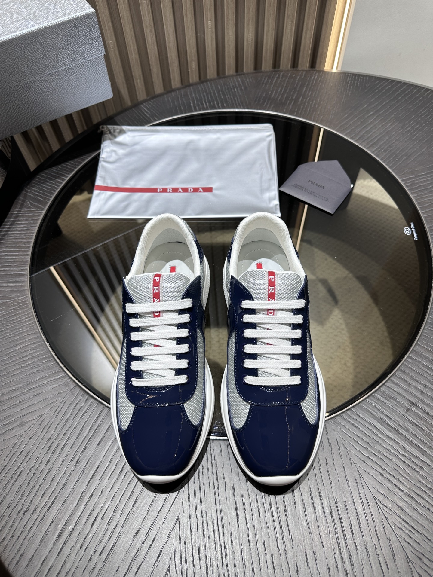 PRADA Silver-Blue Patent Leather Lace-Up Sneakers – Low-Top, Durable & Stylish