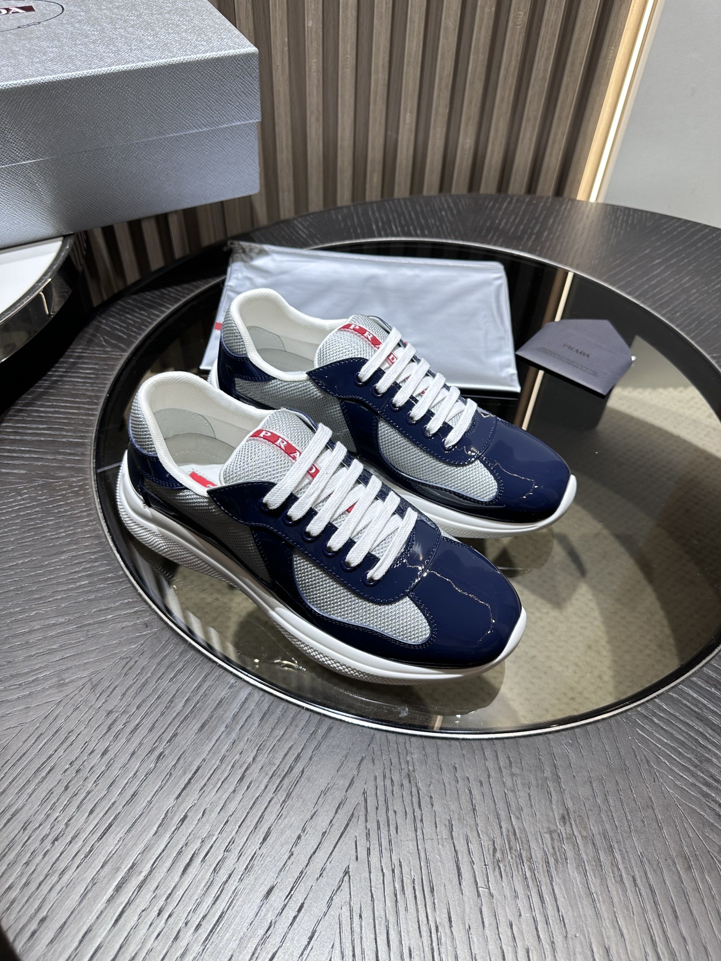 PRADA Silver-Blue Patent Leather Lace-Up Sneakers – Low-Top, Durable & Stylish