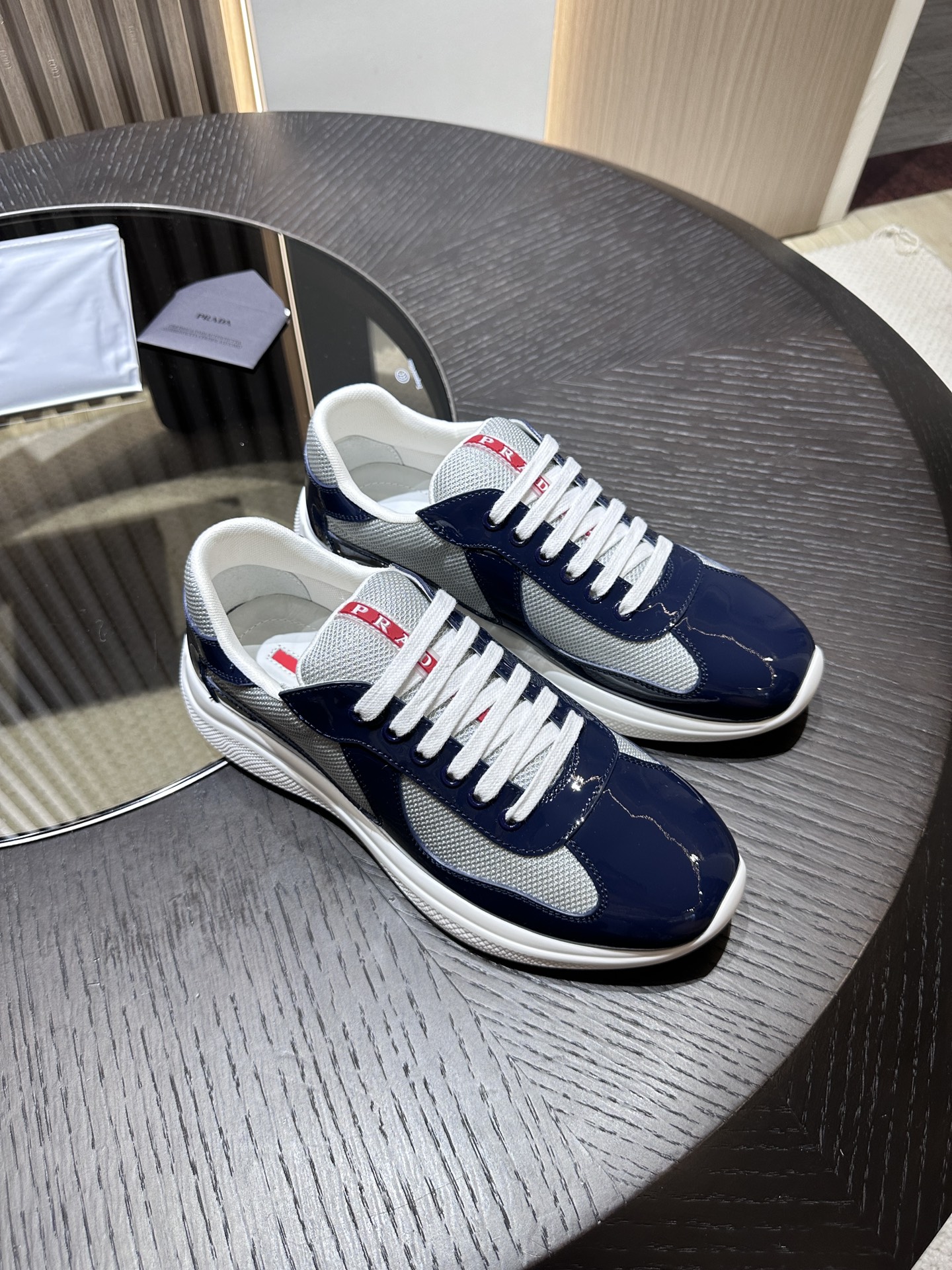 PRADA Silver-Blue Patent Leather Lace-Up Sneakers – Low-Top, Durable & Stylish