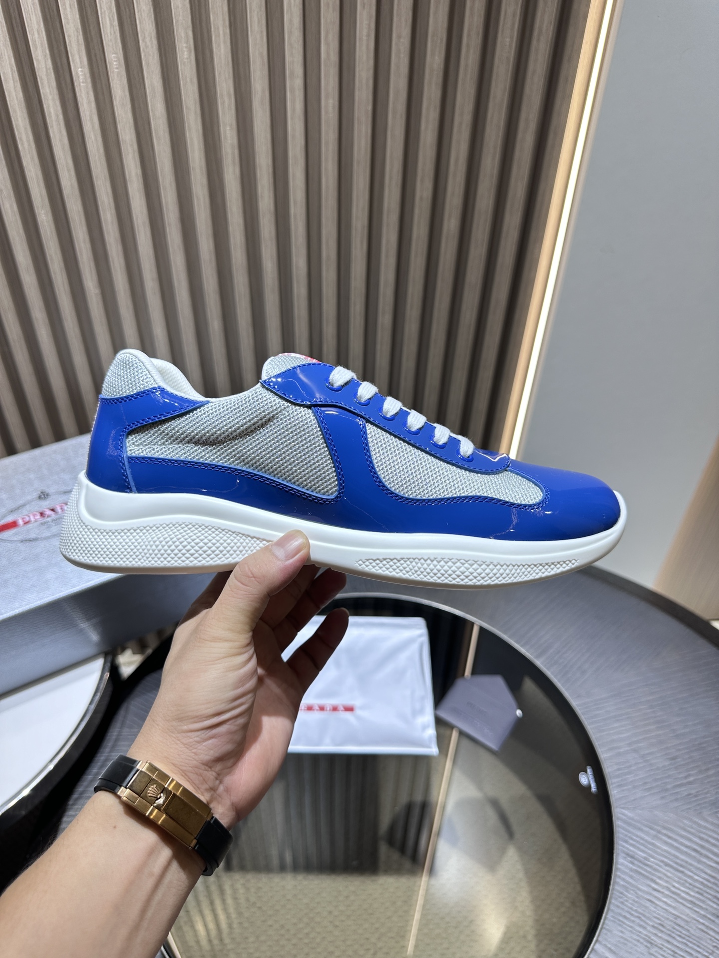 PRADA Men''s America''s Cup Blue Patent Leather Low-Top Sneakers - Calfskin Round-Toe Casual Lace-Up Shoes