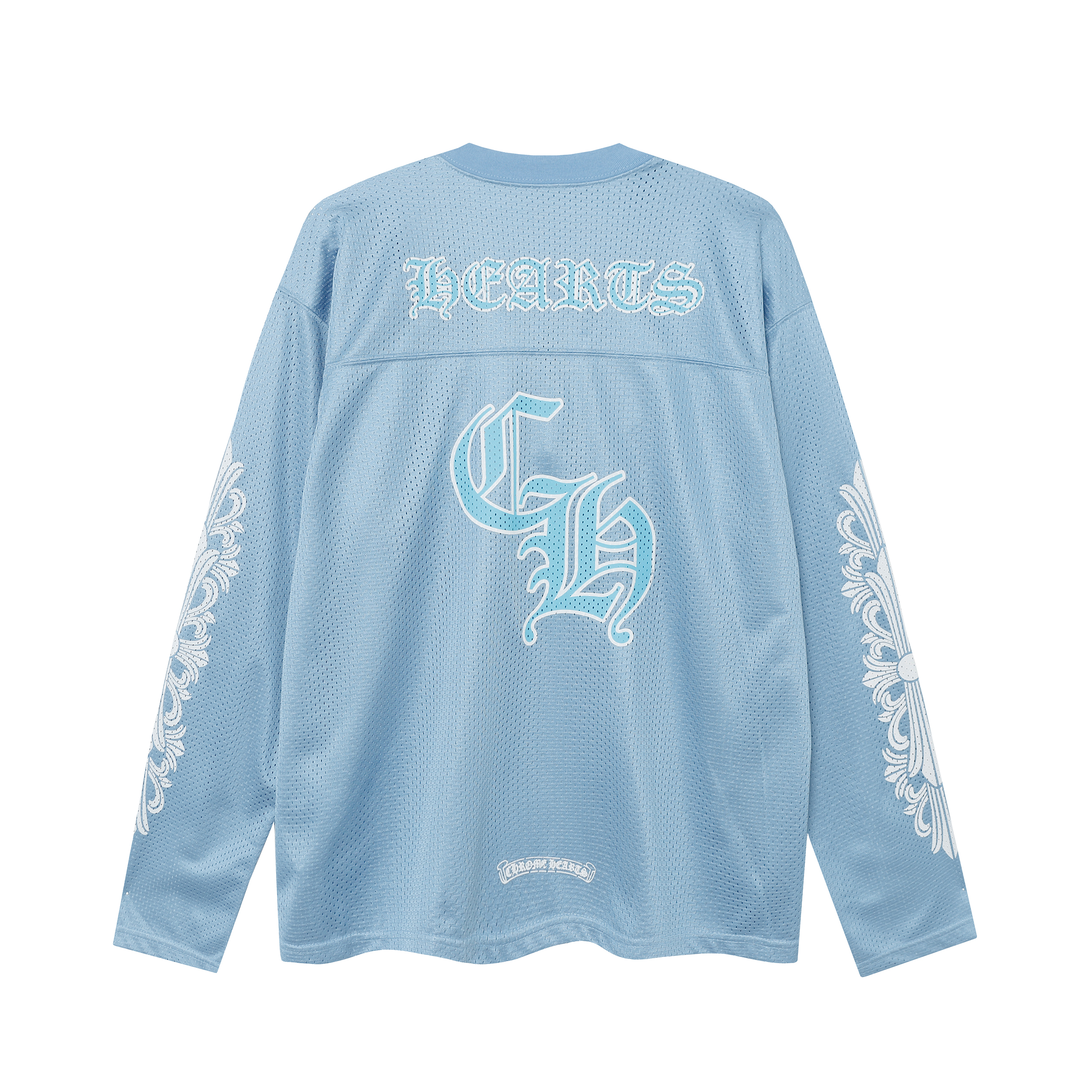 Chrome Hearts Ice Hockey Collection Silver-Plated Floral Sleeve Long Sleeve T-Shirt - Unisex Light Blue