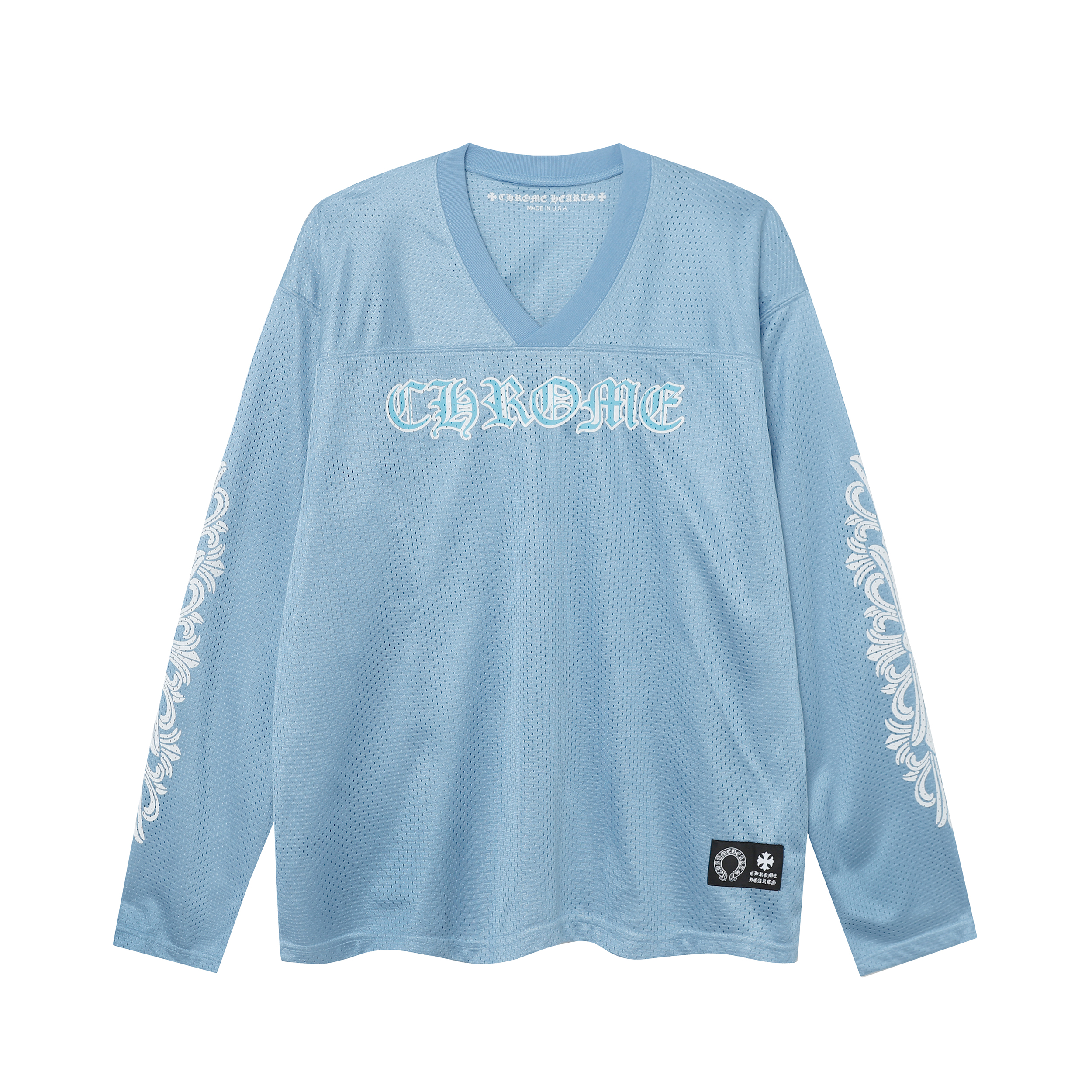 Chrome Hearts Ice Hockey Collection Silver-Plated Floral Sleeve Long Sleeve T-Shirt - Unisex Light Blue