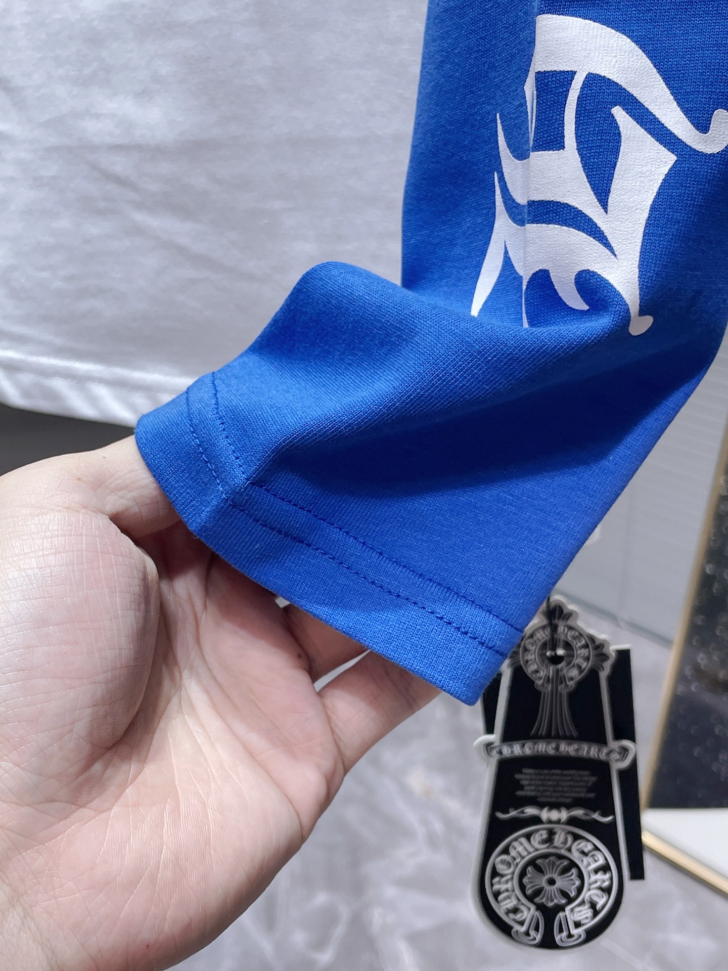 Chrome Hearts Unisex CH Raglan Sleeve Long-Sleeve T-Shirt - Round Neck, Blue/White