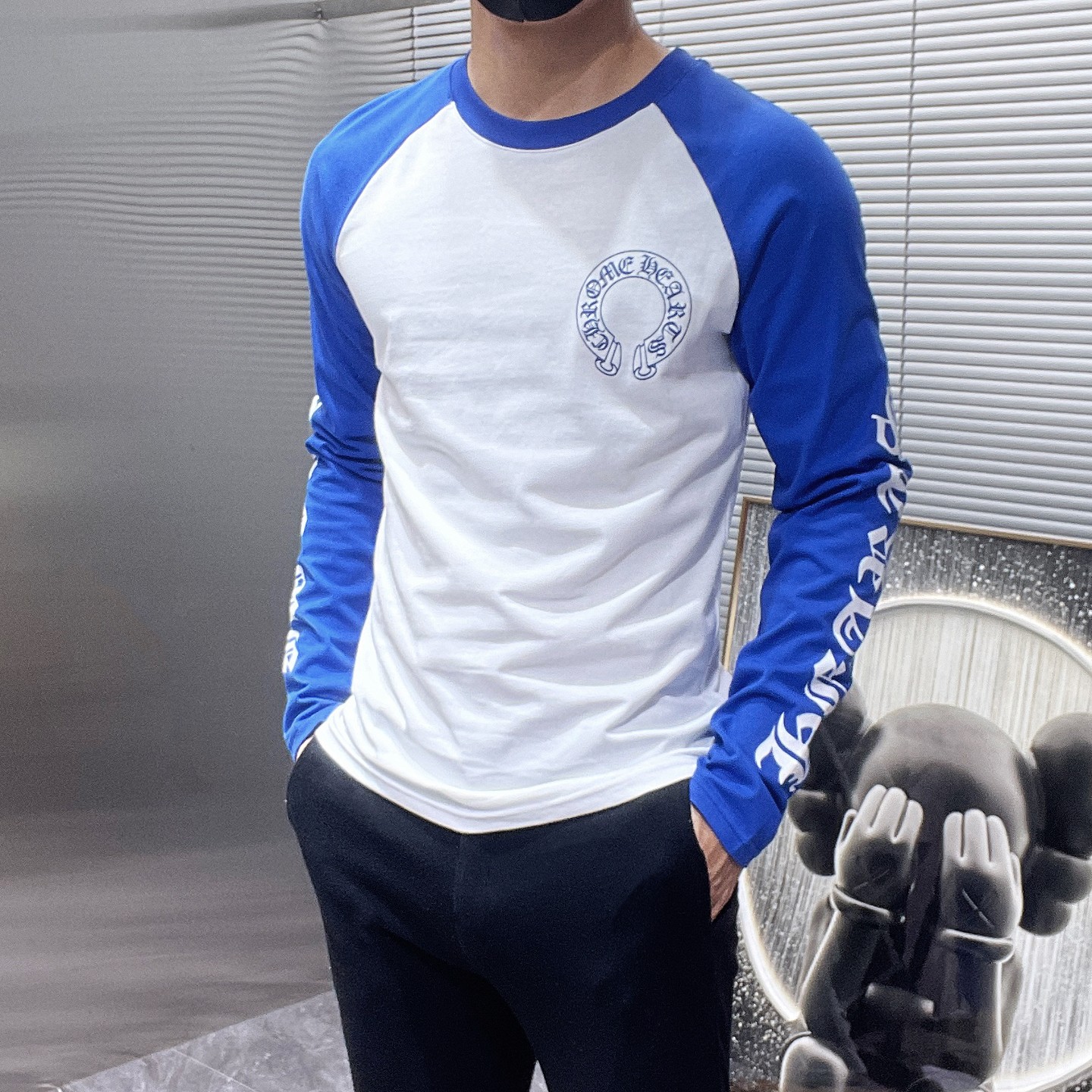 Chrome Hearts Unisex CH Raglan Sleeve Long-Sleeve T-Shirt - Round Neck, Blue/White